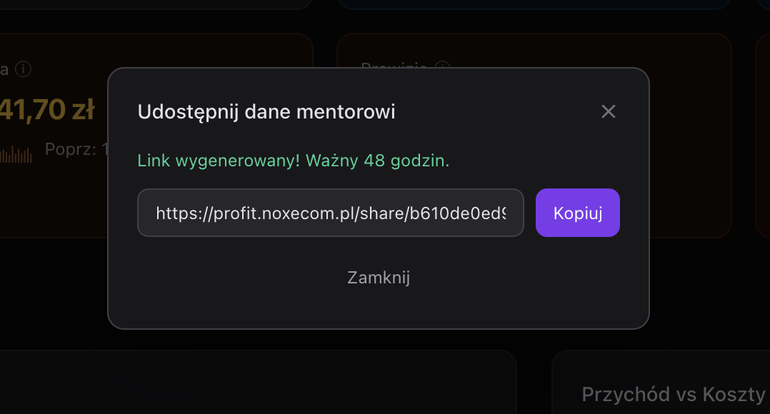 Generowanie linku read-only - krok 2: dialog z wyborem sklepu i etykiety